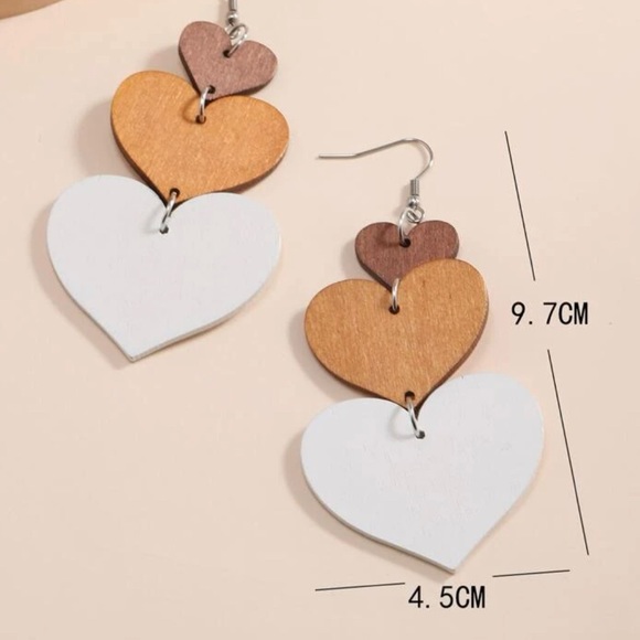 Wooden Heart Drop Earrings Dangle Boho Style NWOT - Picture 3 of 3